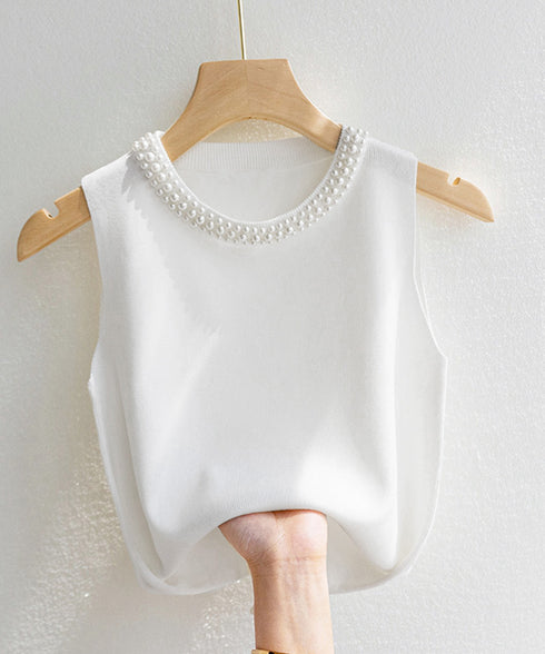 パール付きトップスノースリーブニット夏服 袖なしサマーニットレディース インナートップスきれいめ プルオーバーニットシンプルおしゃれ オフィスカジュアル トップス 2XIAOLL-001